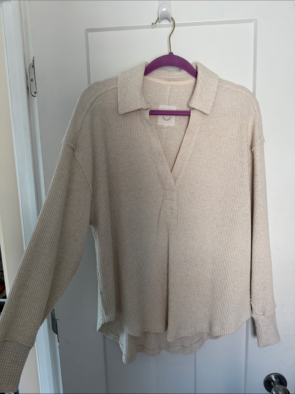 aerie Cream Collared V-Neck Waffle Knit Sweater